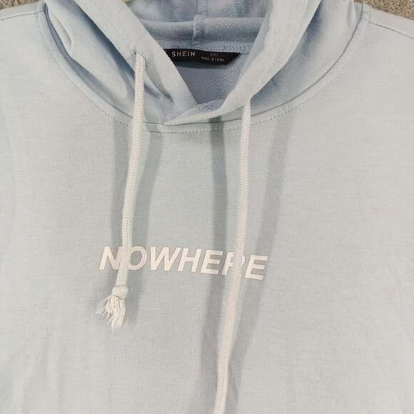 SHEIN Hoodie Size LARGE(12-14) "NOWHERE" Print Light Blue Knit Casual Pullover - Picture 8 of 12